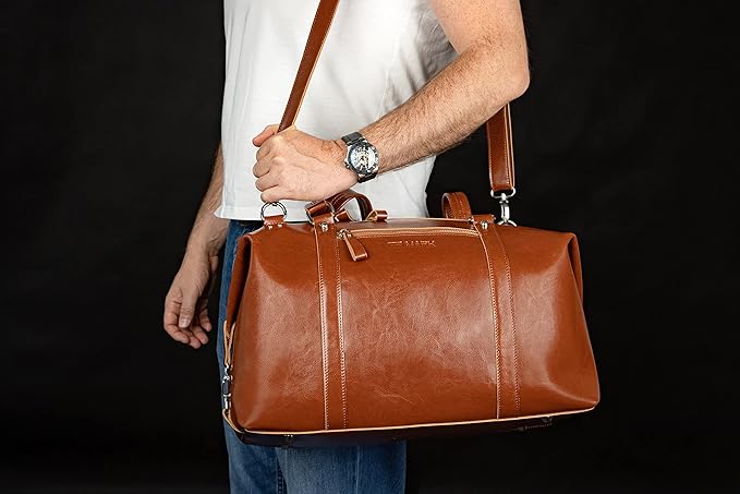 Travel Leather Bag - Genuine Duffel Bag Overnight Weekender for Men & Women (Brown)