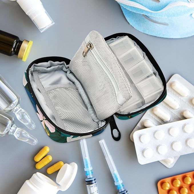 Fustylead Collage Contemporary Hawaiian Hibiscus Floral Pill Organizer and Storage Weekly with Zipper, Removable Pill Box Portable Medicine Organizer for Vitamin Fish Oil Supplement