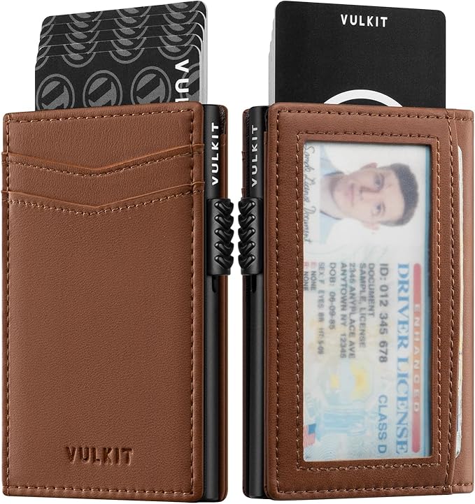 VULKIT Men's Wallet with ID Window Premium Leather Wallets RFID Blocking Minimalist Wallet Pop Up Card Holder Magnetic Closure