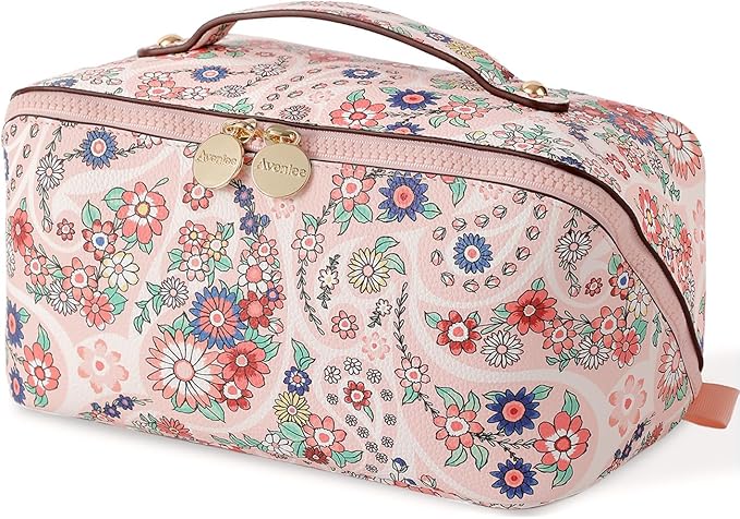 Aveniee Travel Makeup Bag for Women, Large Cosmetic Organizer with Open-Flat Design, Clear Divider & Handle - Waterproof PU Leather Toiletry Case (Floral Pattern)