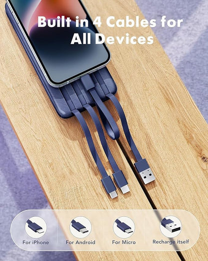 charmast Portable Charger with Built in Cables, Power Bank with Cords Wires, Slim 10000mAh Travel Battery Pack 6 Outputs 3 Inputs 3A Fast Charging for Samsung Google Pixel LG Moto iPhone iPad