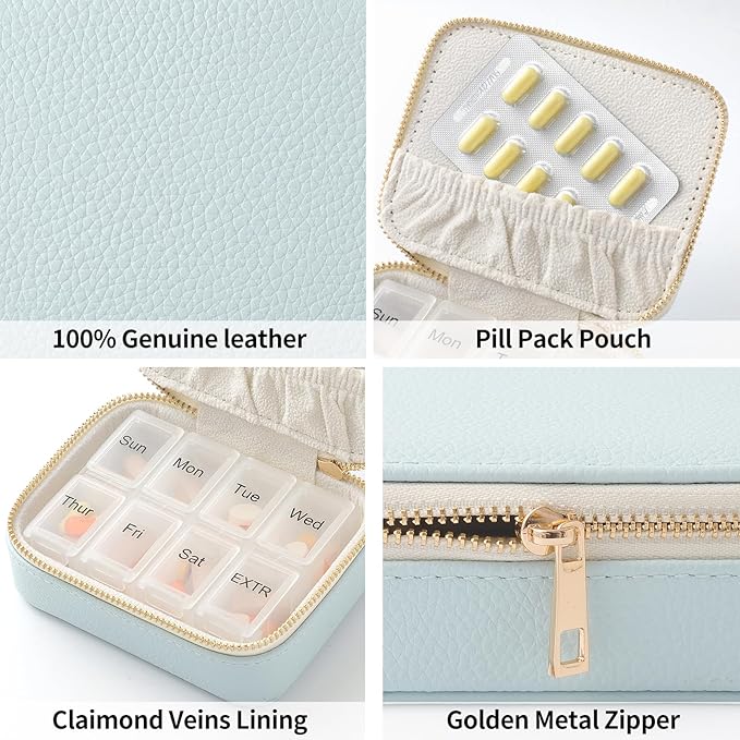 Genuine Leather Travel Pill Organizer Box Case 1 Times a Day for Purse for Women, Cute Medicine Pill Holder Containers for Vitamin Small Weekly Daily 7 Day Am Pm Pill Organizer(Vintage Brown)