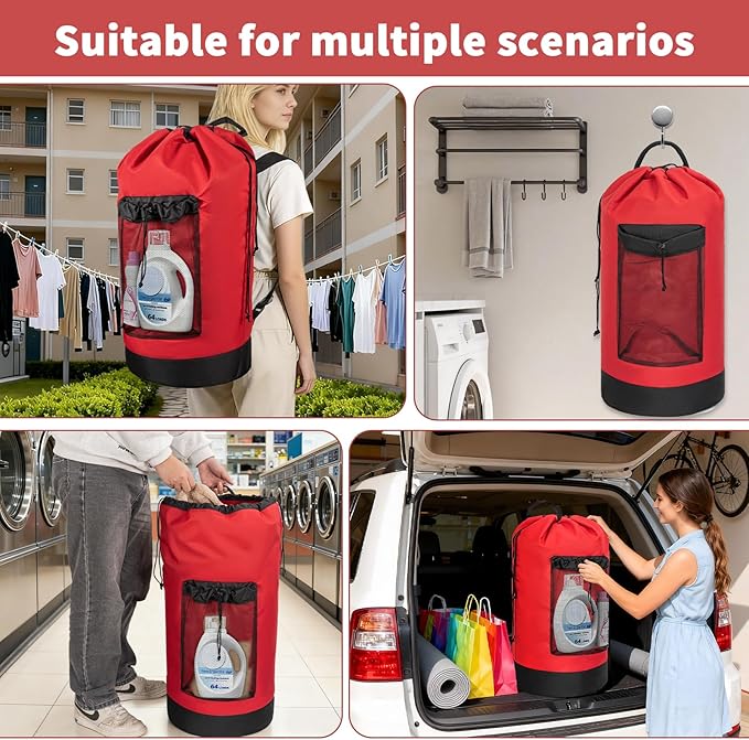 Laundry Bag Backpack with 3 Sizes Mesh Wash Bags and Shoulder Straps Foldable Clothes Hamper Bag with Drawstring Closure for College, Apartment, Laundromat (Red)