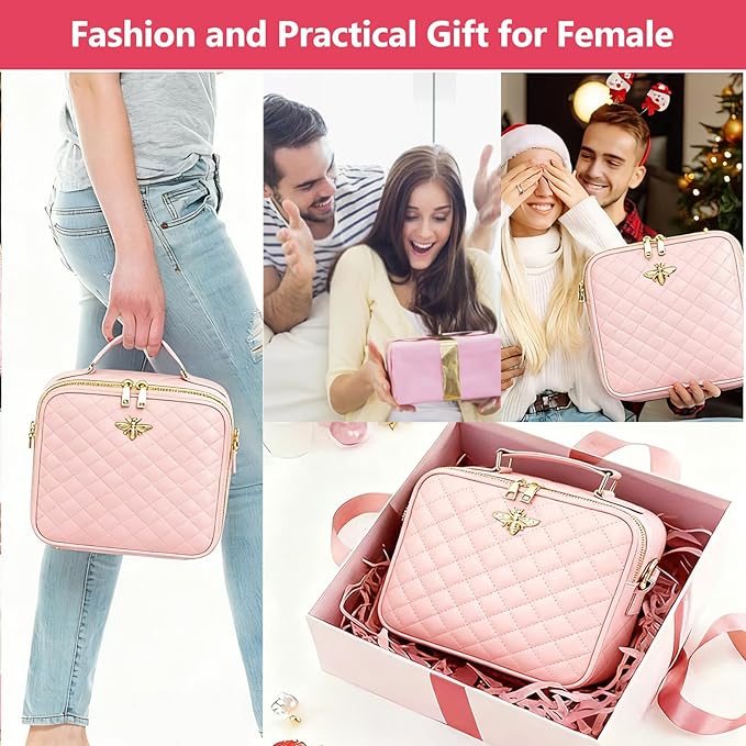 Travel Makeup Bag with Light Up Mirror, Portable Makeup Bag with Led Light Women Waterproof Makeup Travel Case adjustable dividers Rechargeable Vanity Mirror with 3 Color Lights