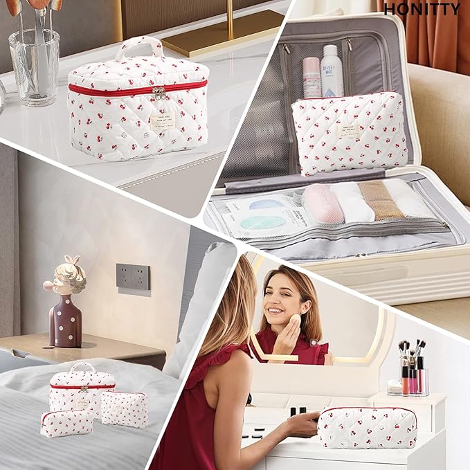 Makeup Bag,Quilted Cosmetic Bags,Large Floral Make Up Organize bag,Makeup Bag Set for Women,Flower Travel Toiletry Bag