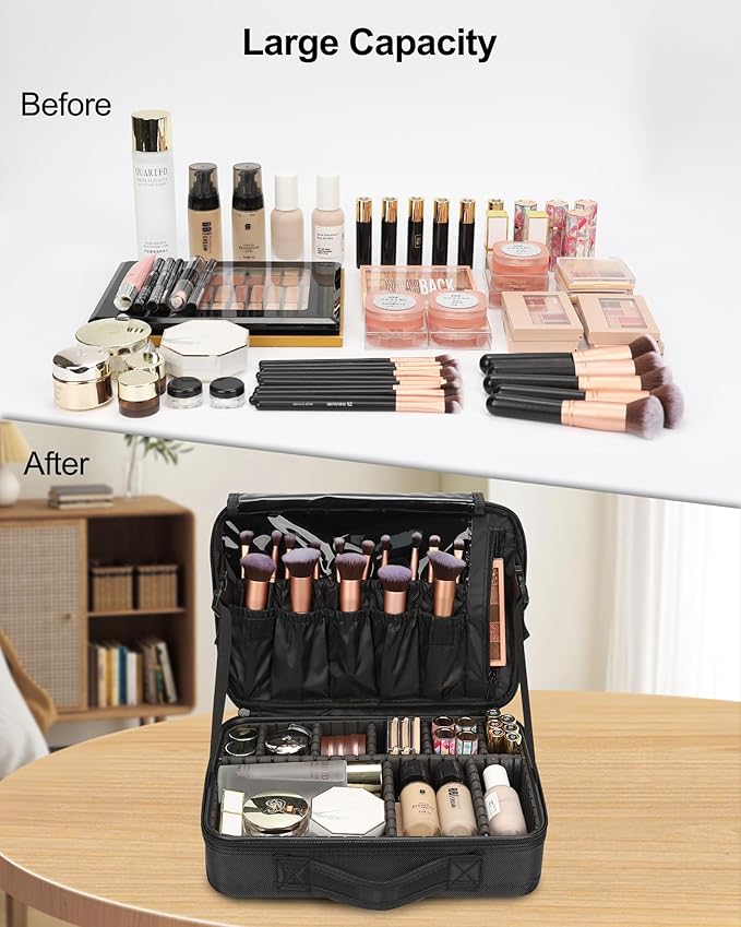 Relavel Travel Makeup Train Case Makeup Cosmetic Case Organizer Portable Artist Storage Bag with Adjustable Dividers for Cosmetics Makeup Brushes Toiletry (medium black)
