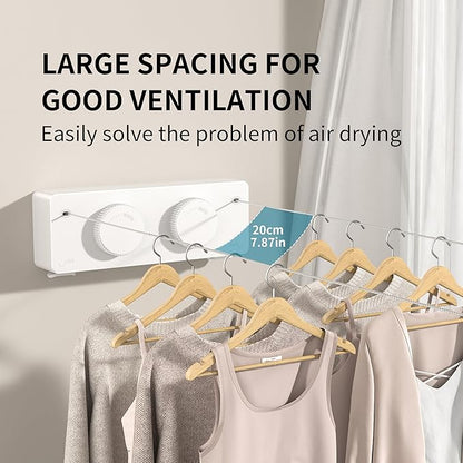 Retractable Clothesline Heavy Duty Clothes Drying Laundry Line Wall Mounted Easy Hanging Clothes Drying Laundry Line Retracting Hanging Lock to Prevent Sagging (Two line,White)