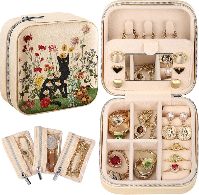 Bistup Travel Jewelry Case - Small Jewelry Organizers and Storage Box for Women Girls Teens Cute Traveling Jewelry Holder with Mirror Little Tiny Compact Modern Unique Aesthetic Pretty, Cat Flower