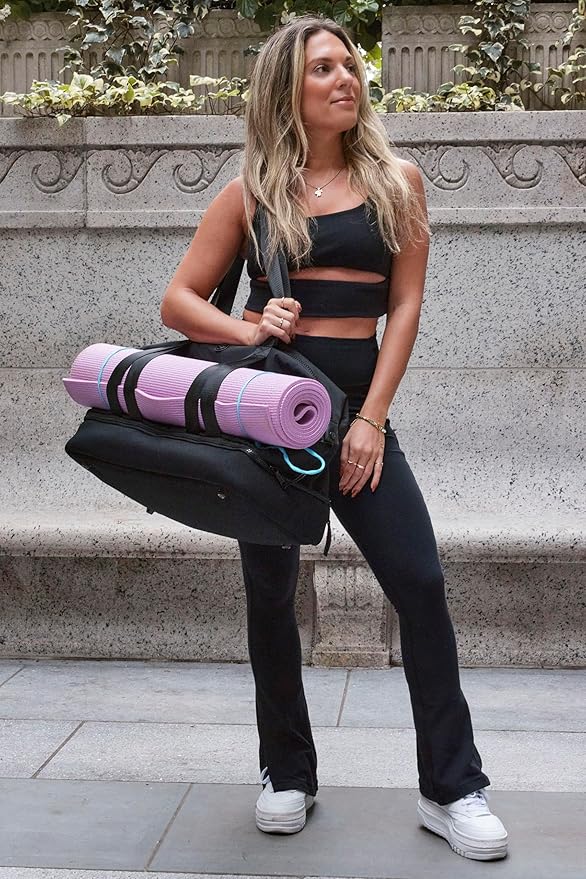 Joan & David 21" Weekender Yoga Gym Duffel Bag with Neoprene Zippered Drop Bottom Compartment Lined In Peva for Non-absorbtion of Odors, Detachable Pouch, Including TSA Approved Bottles (Black)