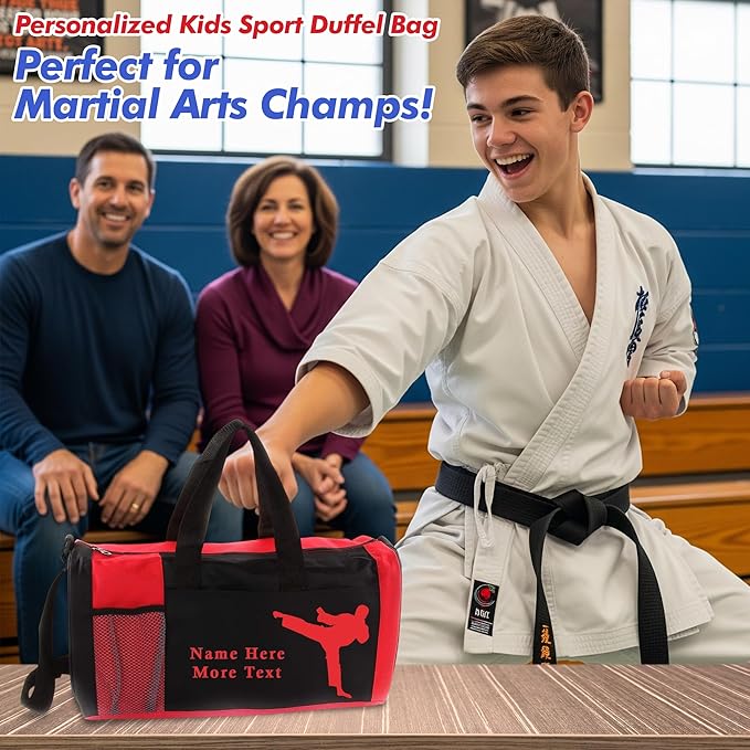 KishKesh Personalized Kids Sports Duffel Bag – Ideal for Martial Arts, Gym, Travel, Training & Workout for Male – Durable, Costumizable Name & Text – Red, 18" x 10" x 8"