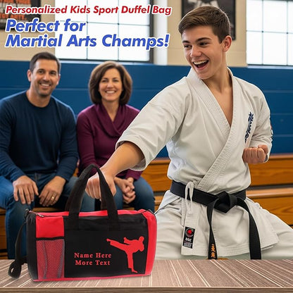KishKesh Personalized Kids Sports Duffel Bag – Ideal for Martial Arts, Gym, Travel, Training & Workout for Male – Durable, Costumizable Name & Text – Red, 18" x 10" x 8"