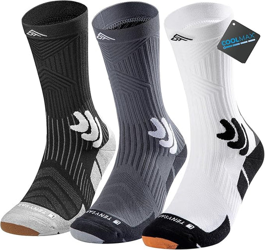 Men's Compression Running Socks: Coolmax Athletic Crew Socks Moisture Wicking Anti-Blister Cushion for Hiking 3 Pairs