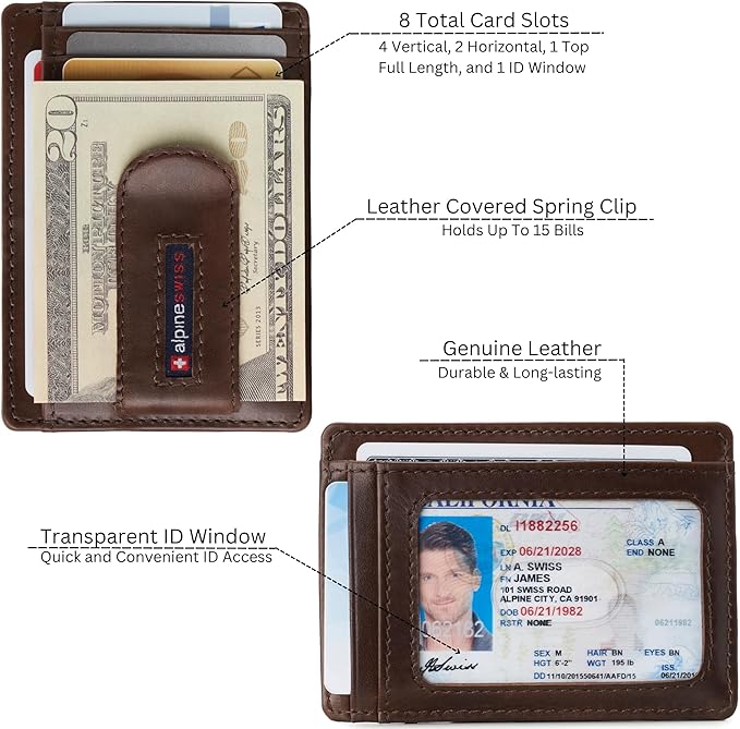 Alpine Swiss RFID Dermot Money Clip Front Pocket Wallet For Men Leather Hampton Collection Glossy Nappa Brown