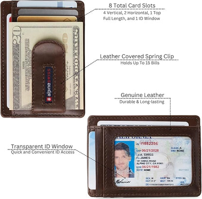 Alpine Swiss RFID Dermot Money Clip Front Pocket Wallet For Men Leather Hampton Collection Glossy Nappa Brown