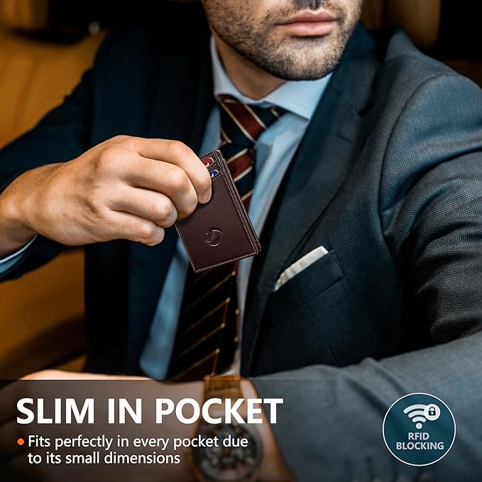 Magnetic Closure Slim Wallet with Money Clip Gift Boxed,Genuine Leather Front Pocket Wallet for Men, 3.9"x 2.8", RFID Blocking