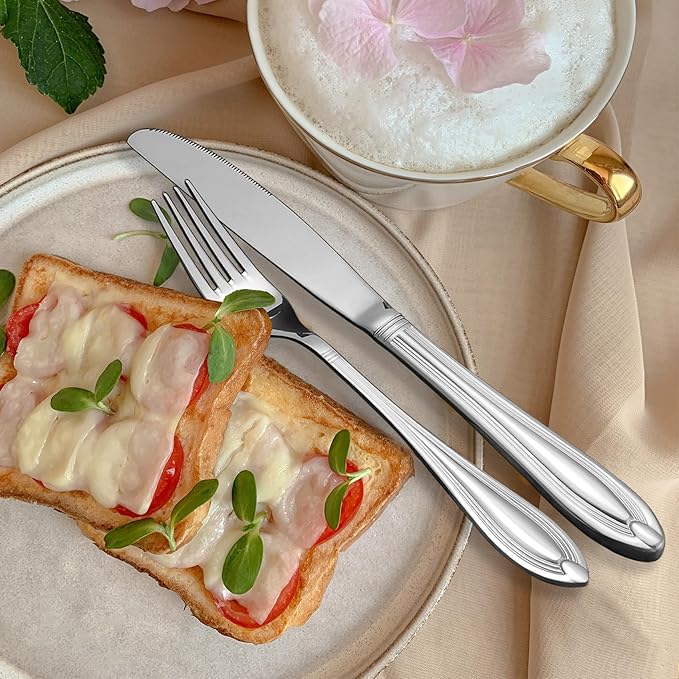 Silverware Set for 4, 20-Piece Flatware Set Include Spoons And Forks Set, Stainless Steel Cutlery Set with Line Pattern, Mirror Polished, Dishwasher Safe.