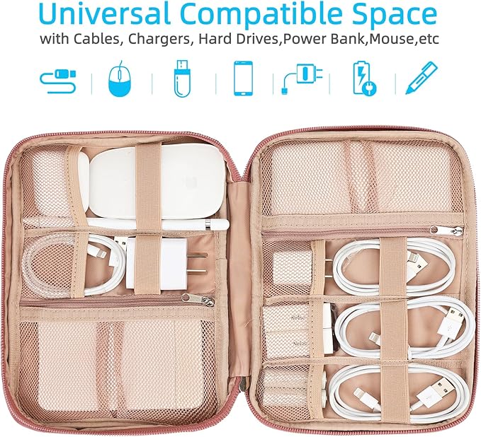 NISHEL Travel Cord Organizer Case, Tech Electronic Bag, Essentials for Charger, Cable, Phone, Hard Drive, USB, SD Card, Rosewood-Pink