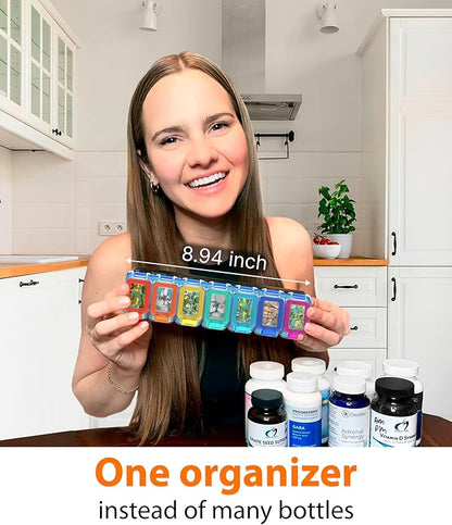 Weekly Pill Organizer 1 time a Day – Pill Box 7 Day with Enhanced Waterproof Seal, Large compartments Hold Big Vitamins & Supplements, Upgraded Locking lids, for Home & Travel use, Durable Hard case