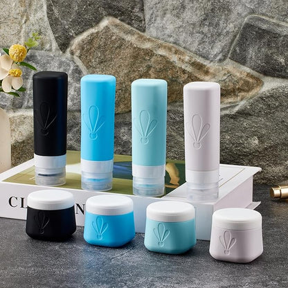 INSFIT 8 Pack Silicone Travel Bottles & Cream Jars with Toiletry Bag, 3oz Leakproof Containers & 2oz Jars with Waterproof Labels, BPA-Free Squeezable Toiletries Set for Shampoo, Lotion, Cosmetics