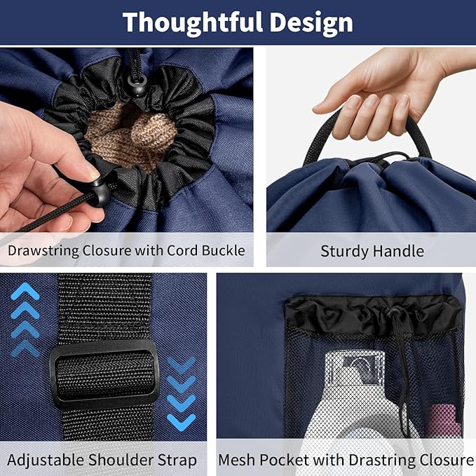 Laundry Bag Backpack with 3 Sizes Mesh Wash Bags and Shoulder Straps Foldable Clothes Hamper Bag with Drawstring Closure for College, Apartment, Laundromat (Dark Blue)