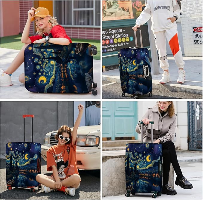ANNA QUEEN Starry Night Art Luggage Cover, Van Gogh Inspired Suitcase Protector, Washable Stretchable Travel Sleeve for 20-22 Inch Luggage