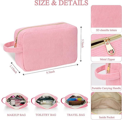 Personalized Initial Makeup Bag Trendy Stuff Corduroy Cosmetic Bag Travel Toiletry Bag for Women, Christmas/Thanksgiving/Halloween Gifts Makeup Organizer Case for Teen Girls Mom Girlfriend Wife - Pink
