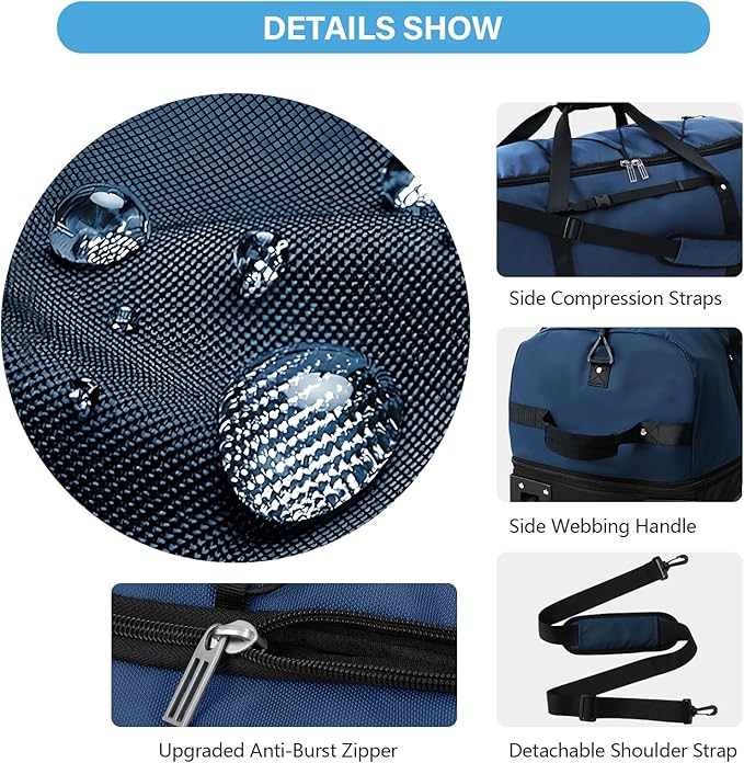 Vomgomfom Wheeled Collapsible Duffel Bag,110L-140L Expandable Checked Luggage, No-Telescopic-Handle with Anti-Burst Zipper & Reinforced Frame,Navy