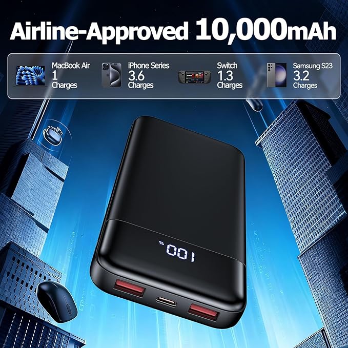 Portable Charger, 10000mAh Slim Power Bank Portable Phone Charger 22.5W PD QC Fast Charging with 3 Outputs 2 Inputs Battery Pack Compatible with iPhones Samsung Google Pixel LG Moto More Devices,Black