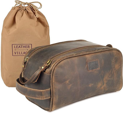 LEATHER VILLAGE Premium Leather Toiletry Travel Pouch With Waterproof Lining - Brown | King-Size Handcrafted Vintage Dopp Kit Bag, Shaving & Bathroom Organizer, Gift for Men & Women
