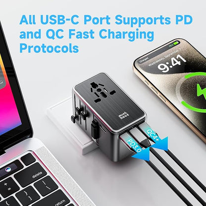 Minthouz Universal Travel Adapter, International 70W Power Adapter GaN Fast Charger with 3 USB-C PD, 1 USB-C Cable & A Ports, All-in-One Portable AC Power Plug Adapter for USA EU UK AUS
