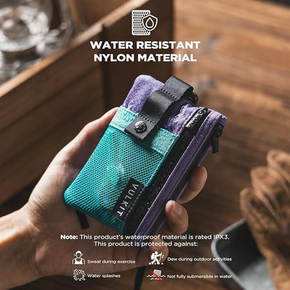 VULKIT Small RFID Wallet for Women & Men – Minimalist Zipper Wallet with ID Window, Keychain & Carabiner, Holds 15 Cards, Water Resistant Travel Lanyard Wallet AauaGreen Purple