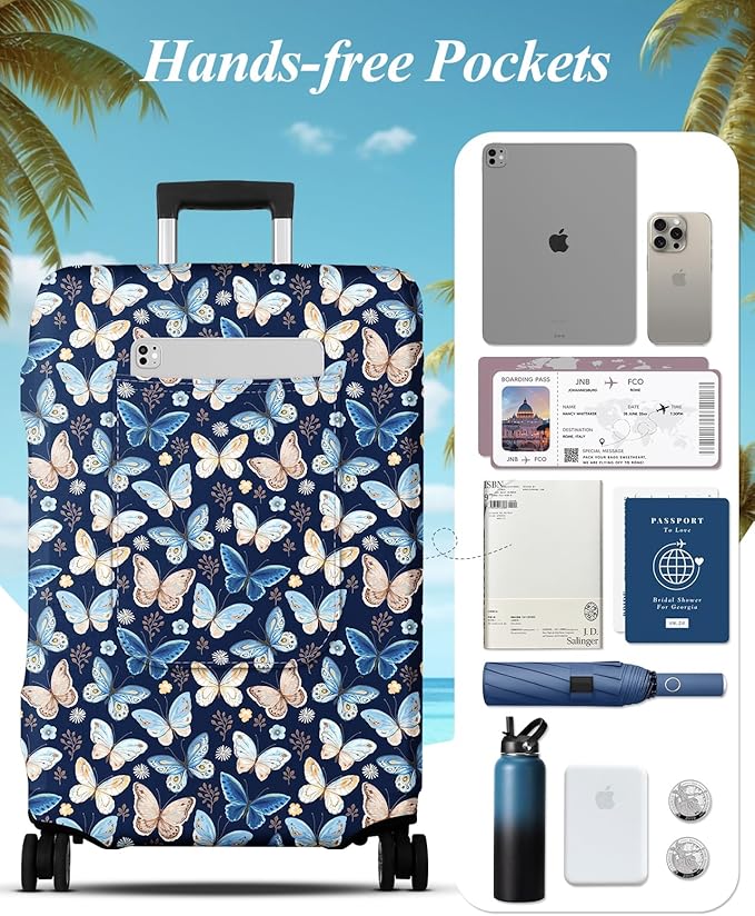 Slohif Luggage Cover for Suitcase Tsa Approved Protector - Luggage Sleeve Large Suit Case Cover Travel Stretch Baggage Case Protective Washable Fit 31-32 Inch Blue Butterfly XL