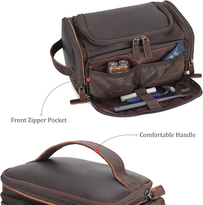 Polare Full Grain Leather Toiletry Case Bag Travel Dopp Kit Organizer Hanging Makeup Cosmetic Shaving Kit Wash Case for Men