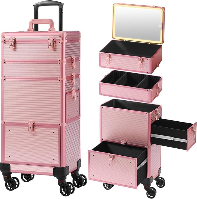 Makeup Train Case with LED Mirror, Rolling Makeup Case with Drawers, Cosmetology Case on Wheels, Gift, Travel Makeup Organizers, Profesional Cosmetic Case for Salon Barber,Nail,Tattoo, Pink