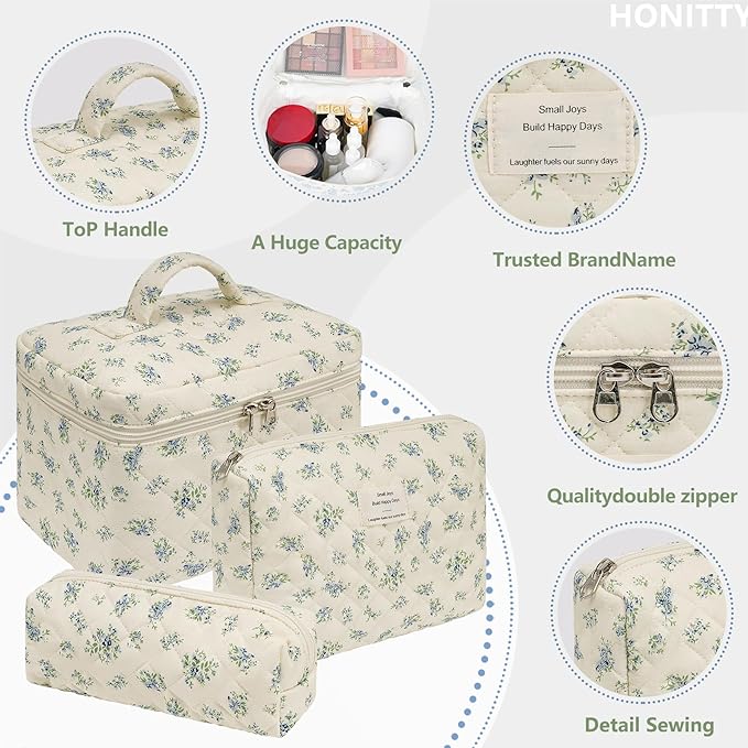 Makeup Bag,Quilted Cosmetic Bags,Large Floral Make Up Organize bag,Makeup Bag Set for Women,Flower Travel Toiletry Bag