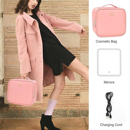 Relavel Travel Makeup Bag With LED Mirror Portable Travel Makeup Organizer 3 Color Adjustable Brightness Waterproof Cosmetic Train Case with Removable Dividers Makeup Storage for Women, Pink