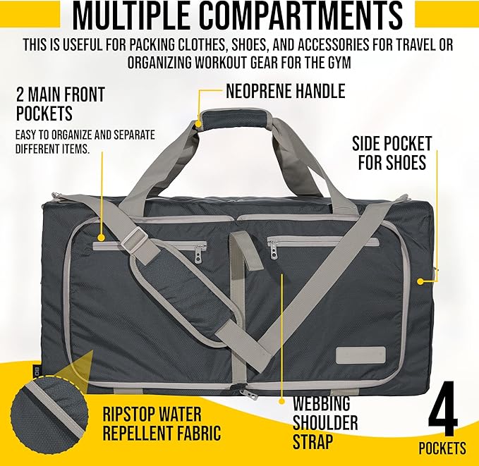 LEGEND 60L Foldable Duffle Bag for Travel - Packable Duffle Bags w/Shoe Compartment - Tear Resistant Collapsible Duffel Bags for Traveling - Lightweight Folding Duffel Bag for Men & Women -Dark Gray