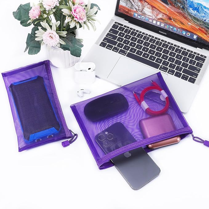 12 Pieces Zipper Nylon Mesh Pouch, Mesh Cosmetic Bags Makeup Bags Pencil Case, Multipurpose Travel Bags for Cosmetic School Office Supplies and Travel Accessories (Purple, A5+B6)