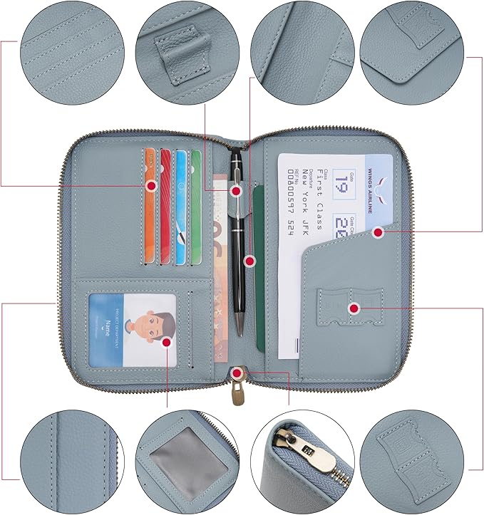 WASON Leather Zipper Travel Passport Wallet Holder RFID Blocking Cover, Passport case Pocket Slot for Card, Cash, ID, Boarding Pass and Ticket for Men, Women and Family Trips (Blue)