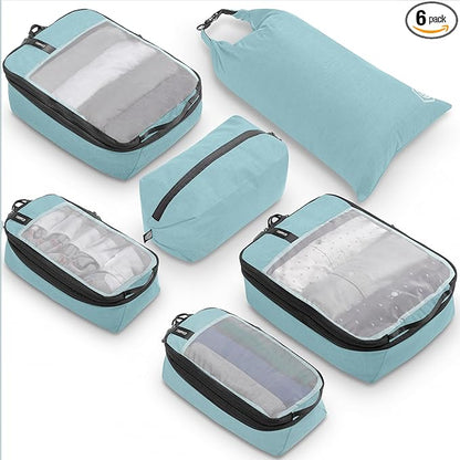 Compression Packing Cubes for Travel by TRIPPED – 6-Piece Premium Set with Laundry & Shoe Bag, Space Saving Travel Organizer Bags for Suitcase & Carry-On Luggage (Dusty Teal Mesh)