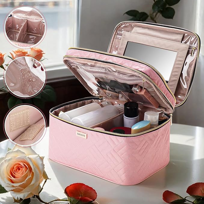 8.8L Double Layer Travel Makeup Bag With Mirror For Women, Large Cosmetic Case, Organizer for Travel-Size Accessories Bottles, Brushes,and Skin Care Products, 2.33 GAL, Pink