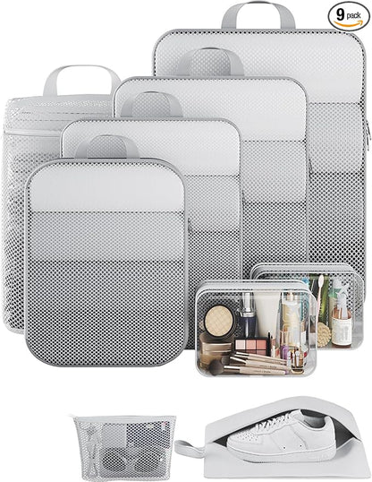 Veken 9/11 Set Compression Packing Cubes for Travel Essentials,Compressible Expandable Large Luggage Suitcase Organizer Bags for Clothing,Durable Space Saver Storage Bags with Toiletry Bags(White)