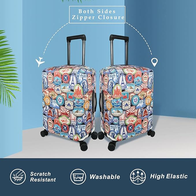Explore Land Travel Luggage Cover Suitcase Protector Fits 23-26 Inch Case (Landmark Sticker, M)