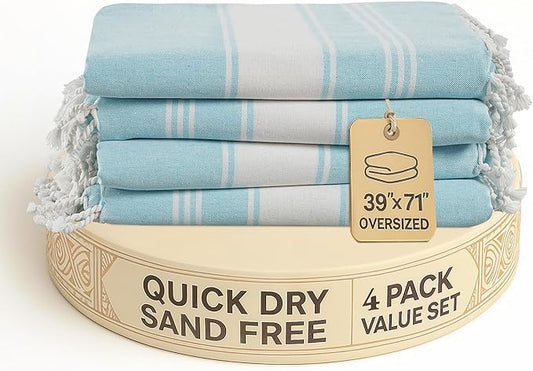 LANE LINEN Oversized Beach Towel - Beach Towels 4 Pack, Pre-Washed Pool Towel, Extra Large Beach Towel, Quick Dry & Sand Free, Lightweight Travel Towel, 39"x71" - Aqua