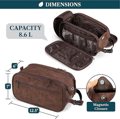 PAVILIA Large Toiletry Bag for Men Women, Mens Travel Bag Toiletries Organizer Case for Grooming, Travel Essentials Shaving Dopp Kit, PU Leather Water Resistant Cosmetic Pouch, Dark Brown