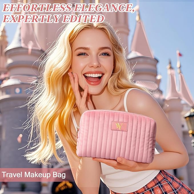 Monogrammed Make Up Bags for Women,Personalized Cosmetic Bags Women,Small Quilted Makeup Pouch,Cute Makeup Bag Travel,Birthday Gifts for Teen Girl (Pink Y)