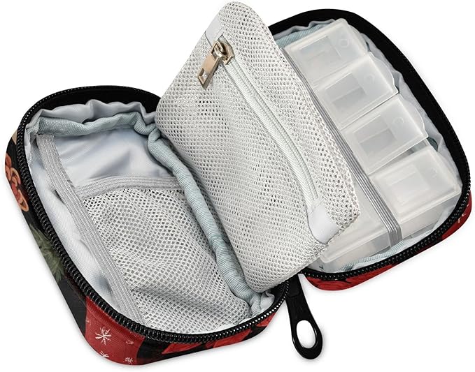 Checkered Christmas Floral Gnomes Travel Pill Organizer Case Box Container Weekly Portable Vitamin Medicine Holder Storage Bag with Zipper Removable
