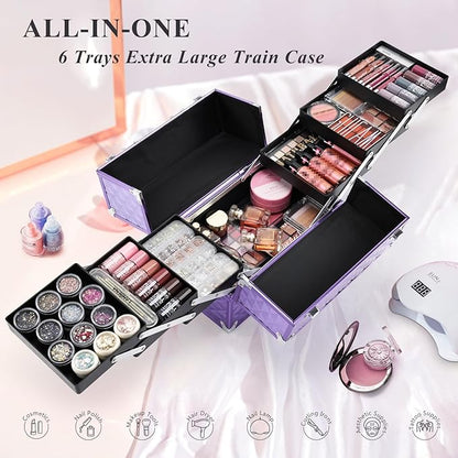 Frenessa Makeup Train Case 12 Inch Portable Cosmetic Case - 6 Tier Professional Makeup Storage Box Organiser Box Make Up Carrier with Lockable Keys Travel Case for Women and Girls - Purple