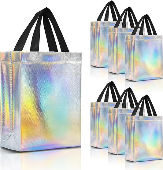 Nush Nush Set of 30 Iridescent Gift Bags Bulk – Stunning Holographic Silver Bulk Gift Bags with Handles - Ideal Reusable Goodie Bag for Birthday Party, Bachelorette Party Favors - 8Wx4Dx10H