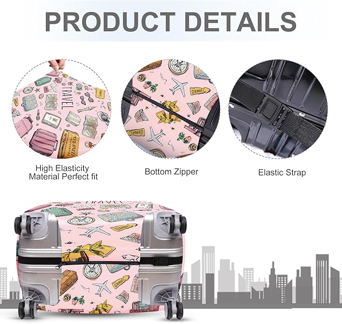 ANNA QUEEN Travel Luggage Cover, Travel Suitcase Protector with Vintage Travel Icons, Stretchable, Washable Travel Sleeve for 20-34 Inch Luggage